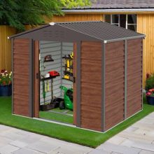 BIRCHTREE Metal Garden Shed Apex Wood Grain 8X6FT Brown